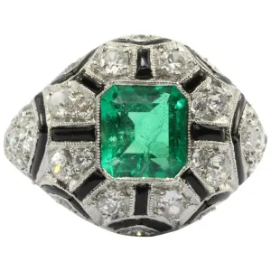 Art Deco Revival Platinum Emerald Diamond Black Enamel Ring