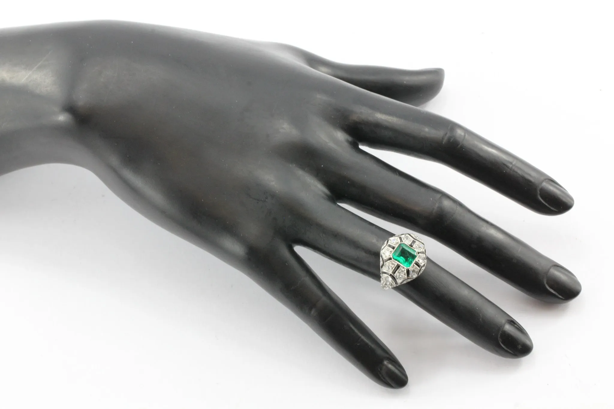 Art Deco Revival Platinum Emerald Diamond Black Enamel Ring