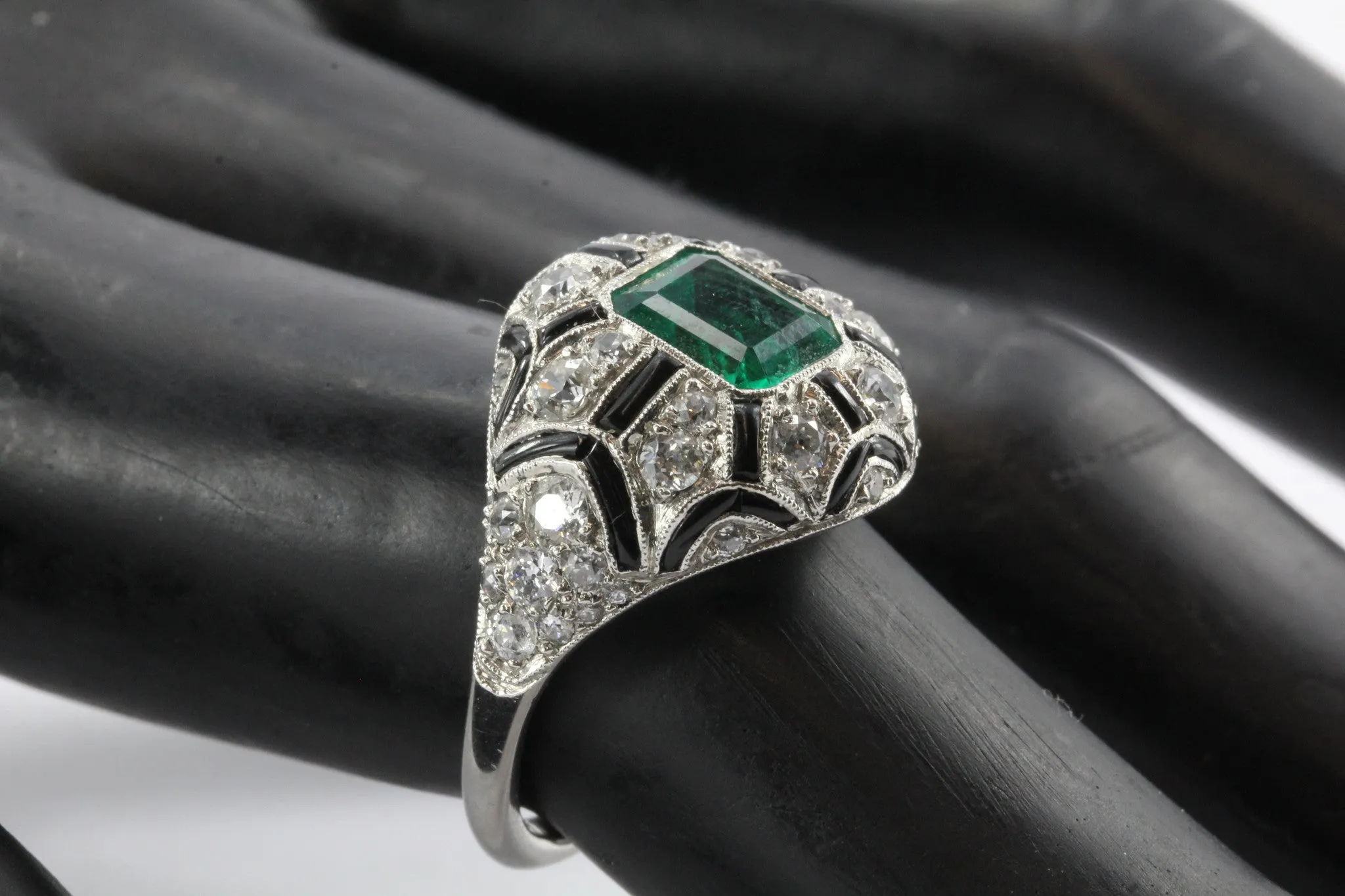 Art Deco Revival Platinum Emerald Diamond Black Enamel Ring
