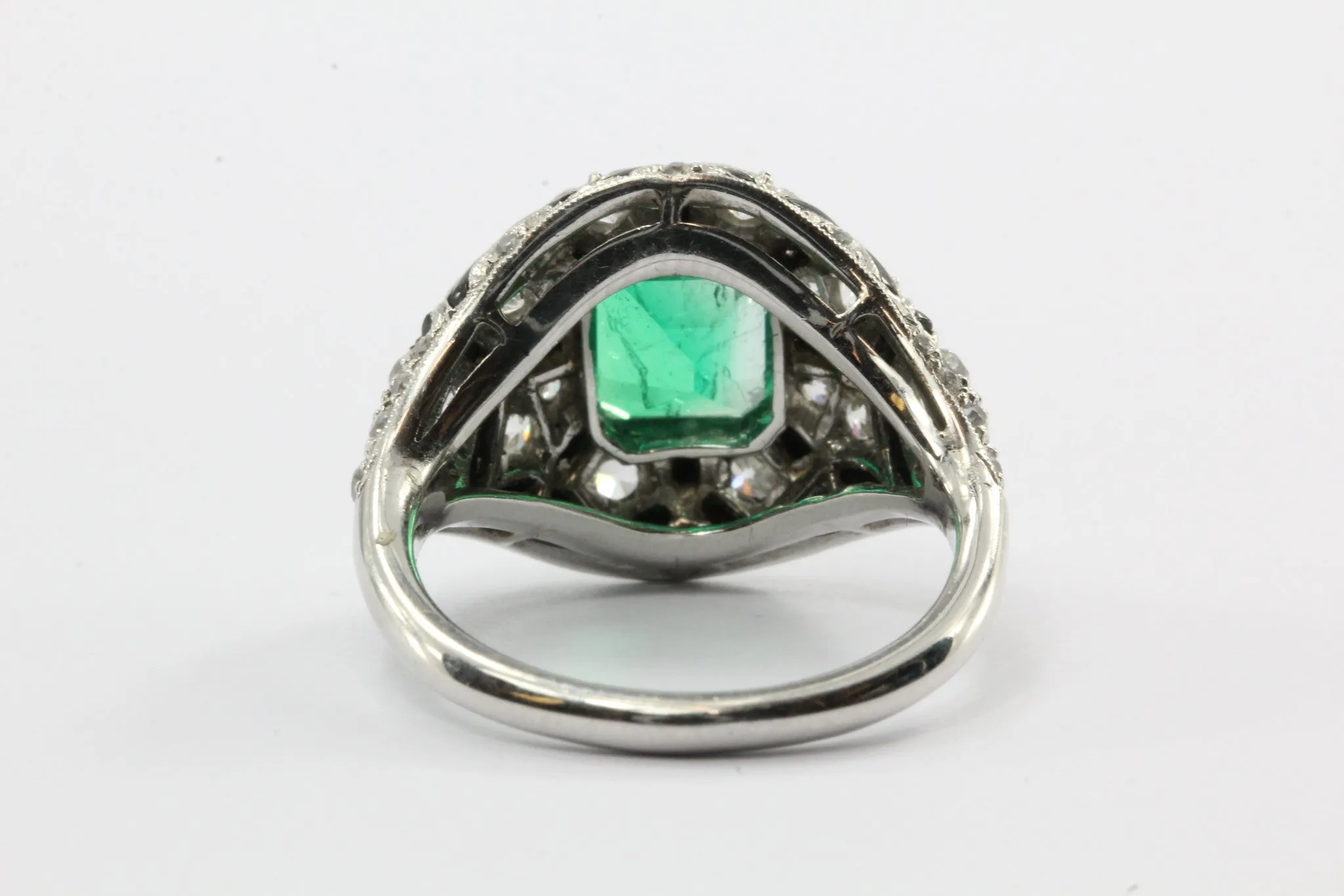 Art Deco Revival Platinum Emerald Diamond Black Enamel Ring