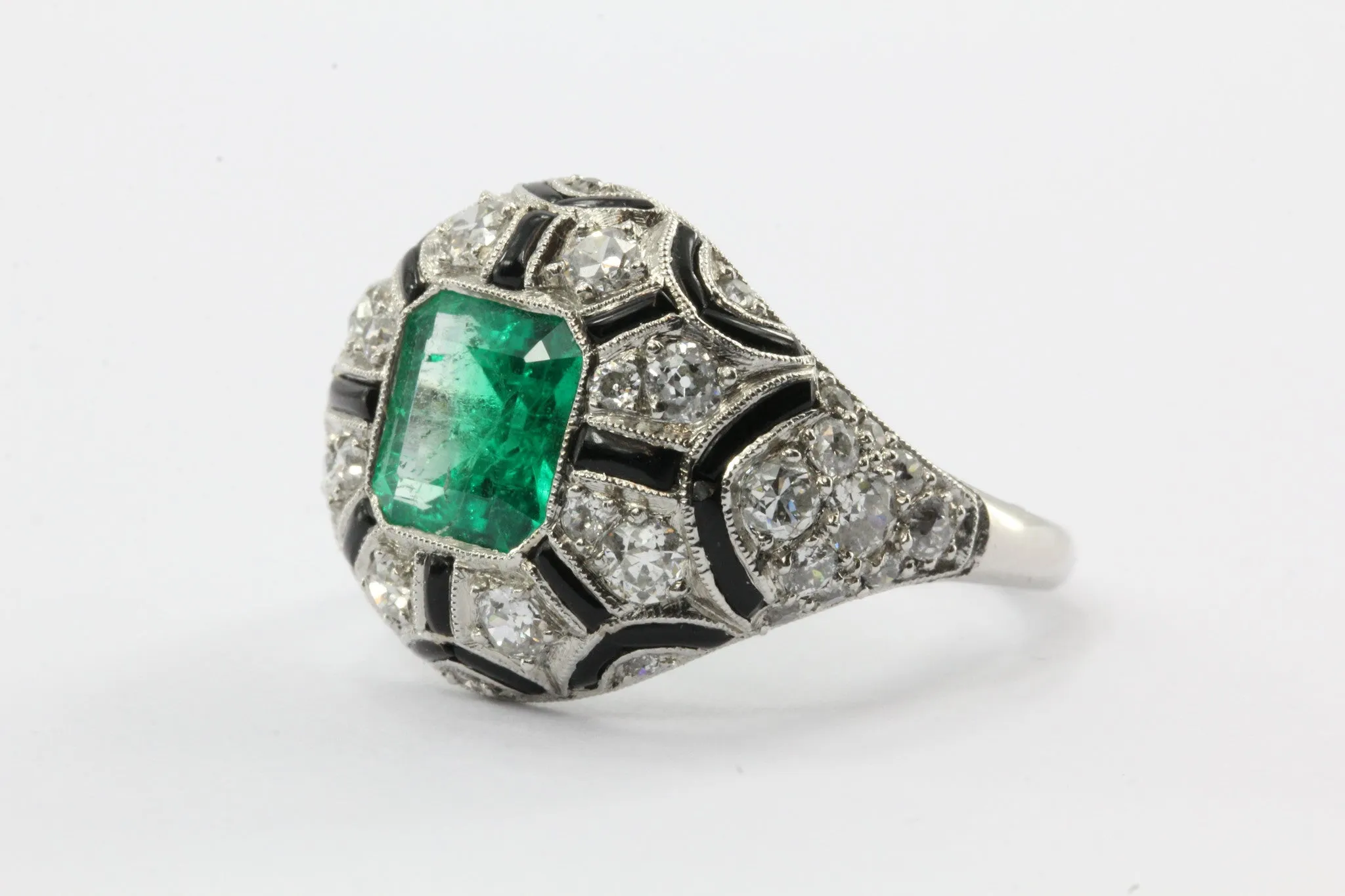 Art Deco Revival Platinum Emerald Diamond Black Enamel Ring