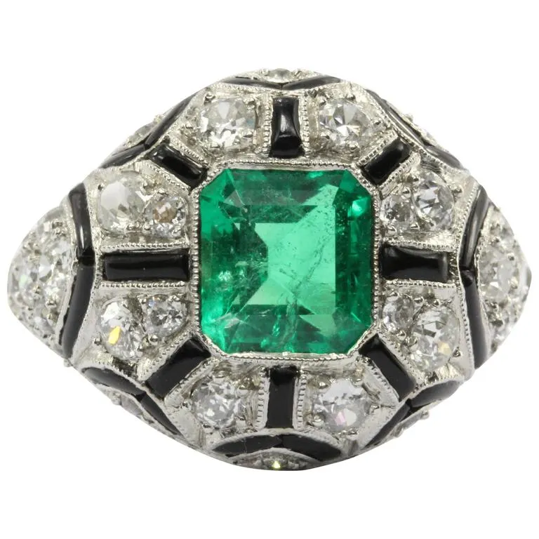 Art Deco Revival Platinum Emerald Diamond Black Enamel Ring