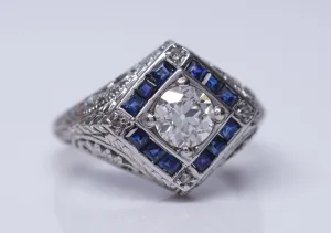 ART DECO SAPPHIRE AND OLD EUROPEAN CUT DIAMOND RING