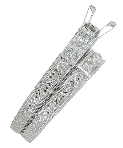 Art Deco Scrolls 1 Carat Princess Cut Diamond Engagement Ring Setting and Wedding Ring in Platinum
