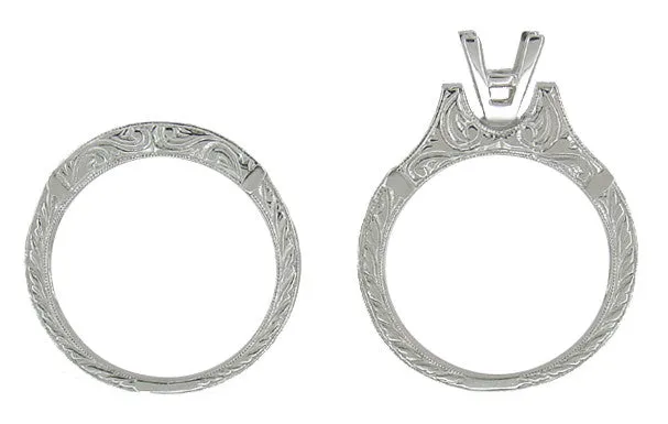 Art Deco Scrolls Bridal Ring Set for a 1 Carat Square Princess Cut Diamond in White Gold - Engagement Ring Semimount and Wedding Ring