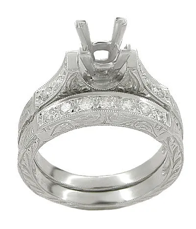 Art Deco Scrolls Bridal Ring Set for a 1 Carat Square Princess Cut Diamond in White Gold - Engagement Ring Semimount and Wedding Ring