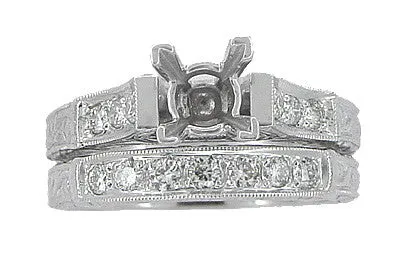 Art Deco Vintage Style Bridal Ring Set for a 1.50 Carat Princess Cut Diamond in White Gold - Hand Engraved Engagement Ring Setting & Wedding Ring