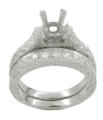 Art Deco Vintage Style Bridal Ring Set for a 1.50 Carat Princess Cut Diamond in White Gold - Hand Engraved Engagement Ring Setting & Wedding Ring