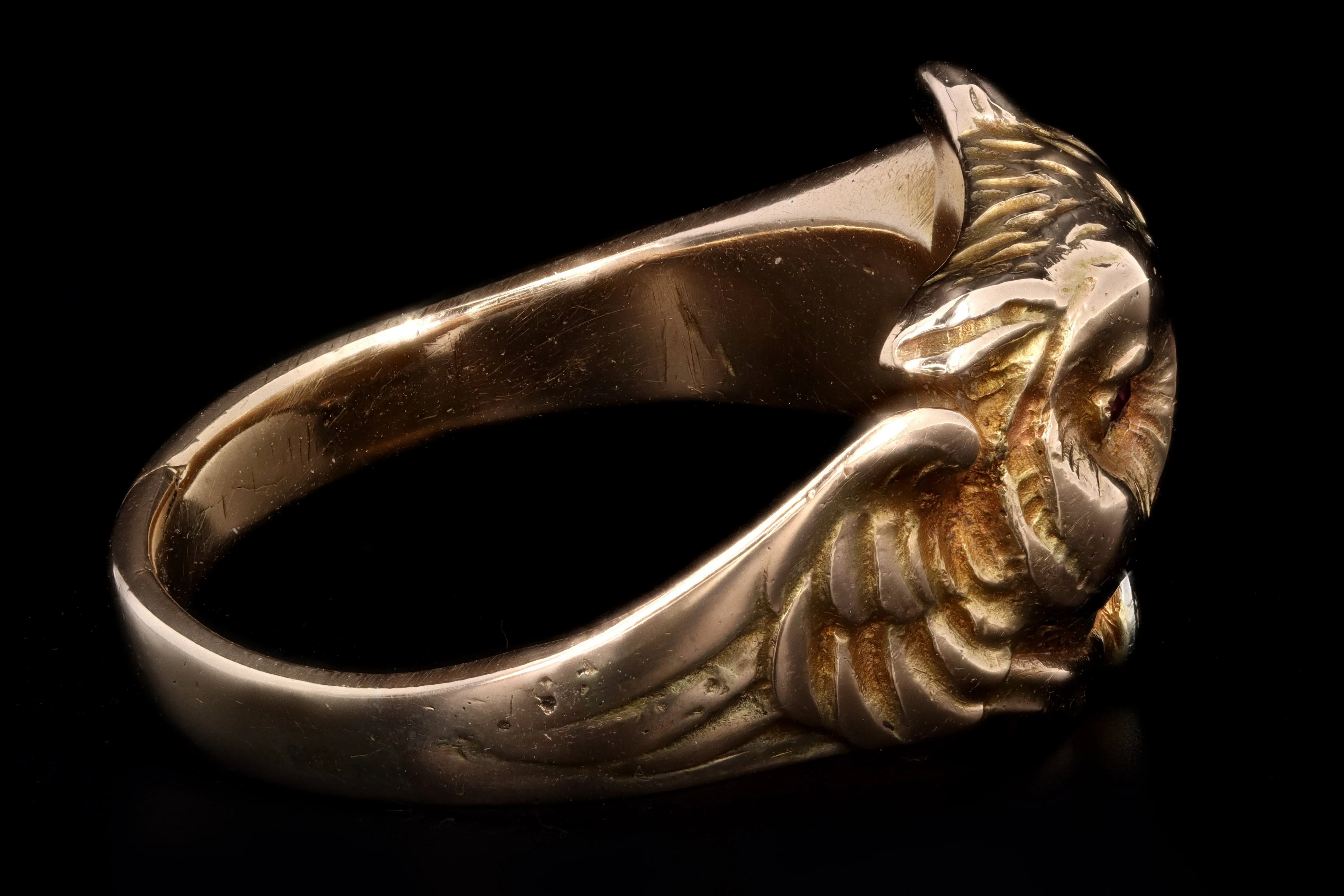 Art Nouveau 14K Yellow Gold Old European Cut Diamond & Synthetic Ruby Owl Ring