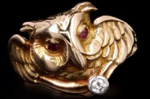 Art Nouveau 14K Yellow Gold Old European Cut Diamond & Synthetic Ruby Owl Ring