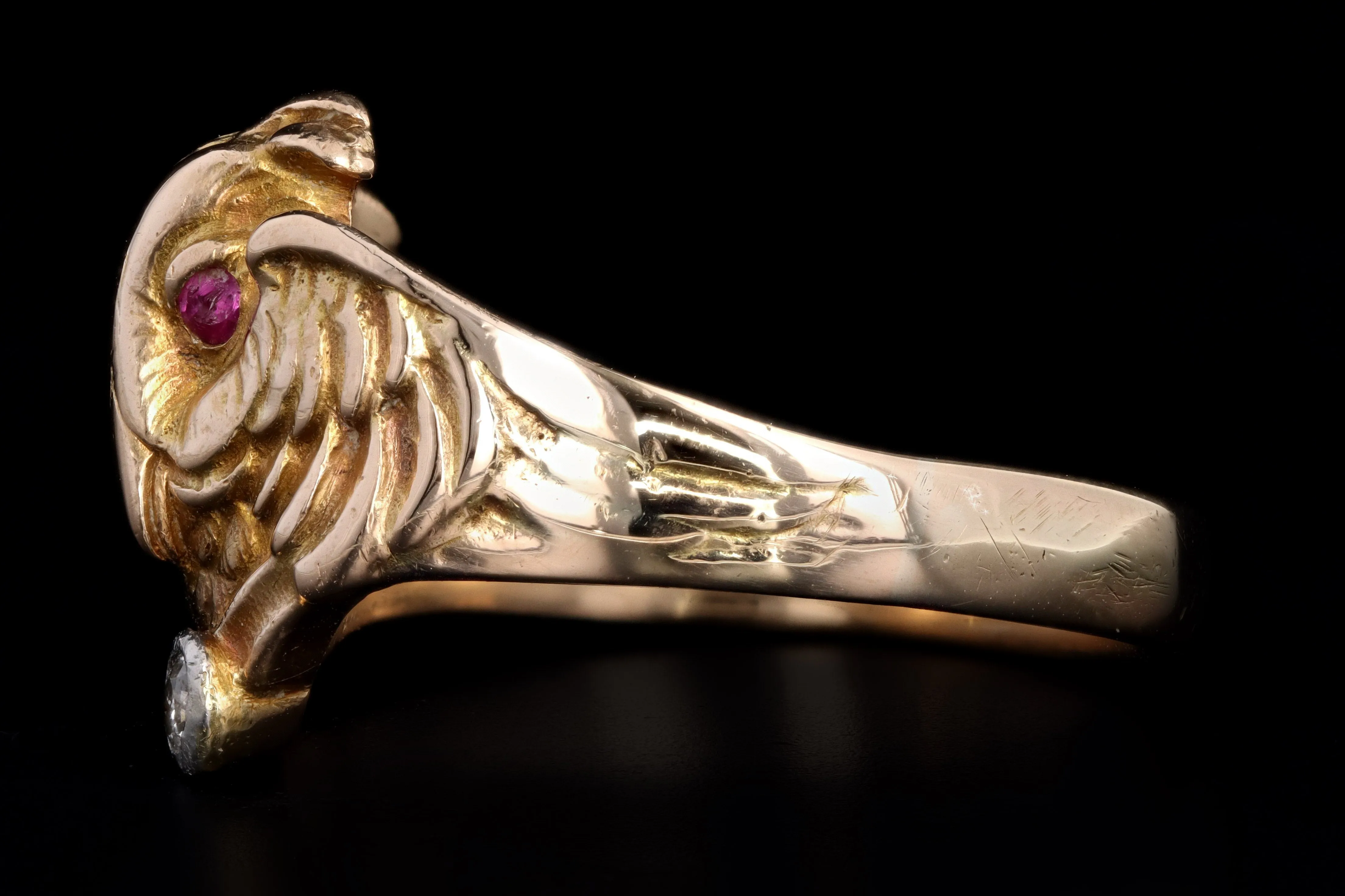 Art Nouveau 14K Yellow Gold Old European Cut Diamond & Synthetic Ruby Owl Ring