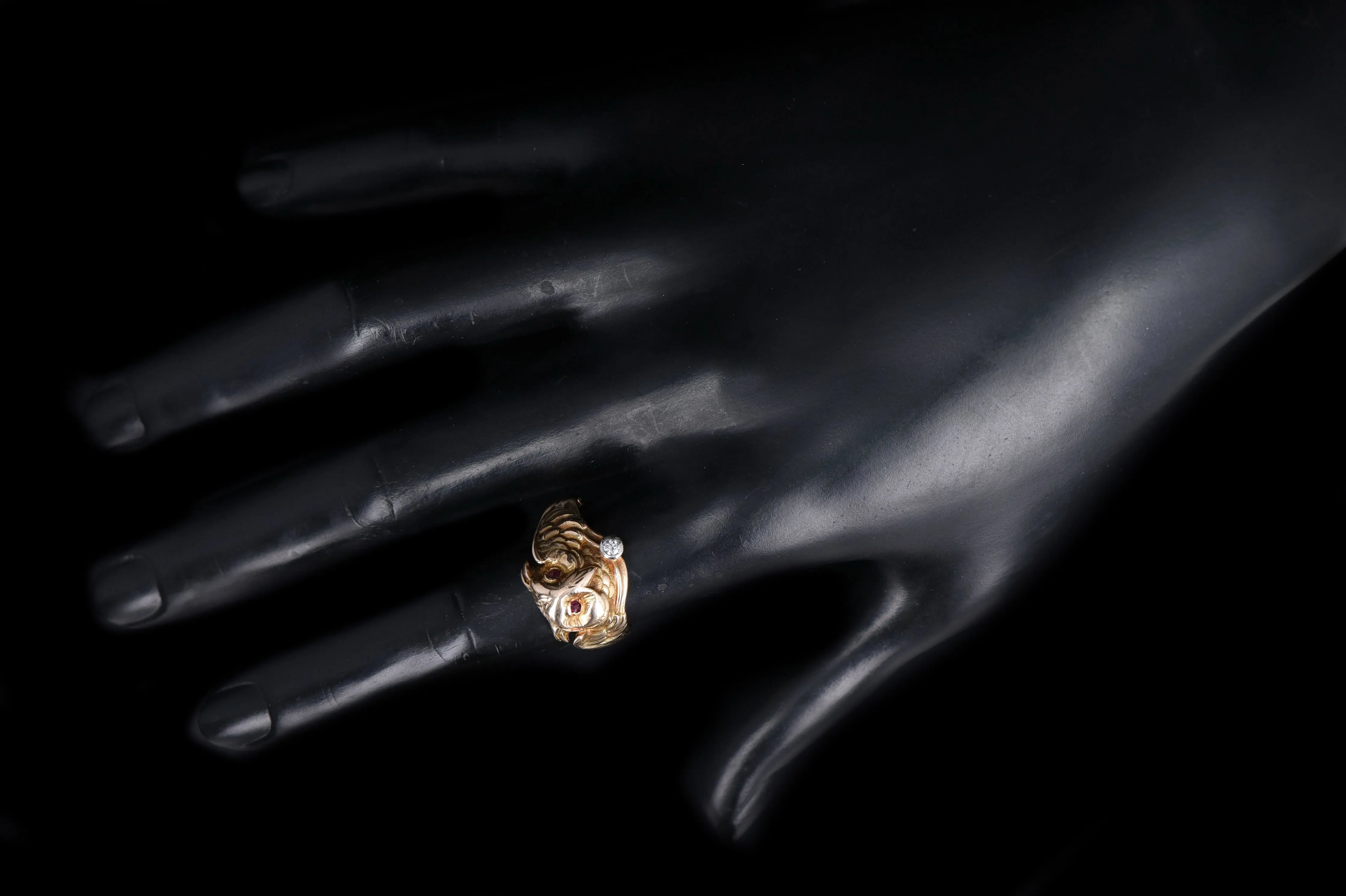 Art Nouveau 14K Yellow Gold Old European Cut Diamond & Synthetic Ruby Owl Ring