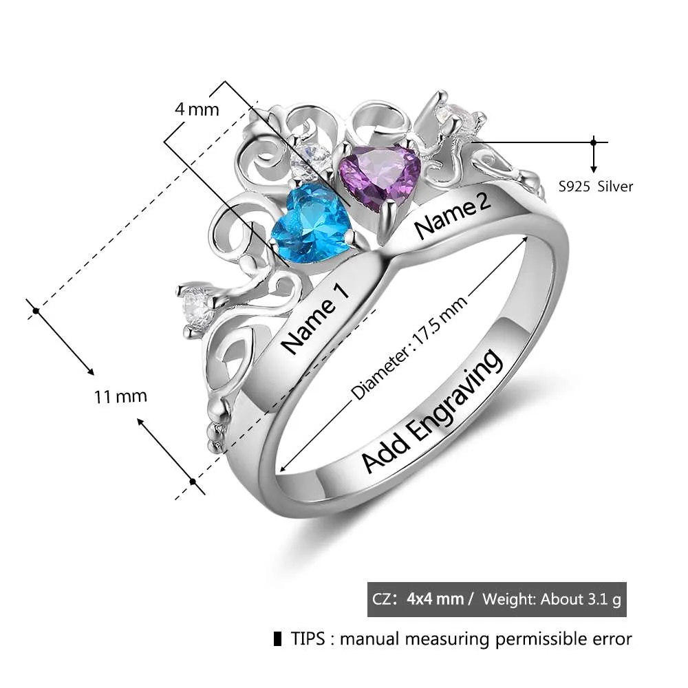 Art Pattern Crown Birthstone Ring 925 Sterling Silver Party Rings Engrave Name Anniversary Personalize Gift