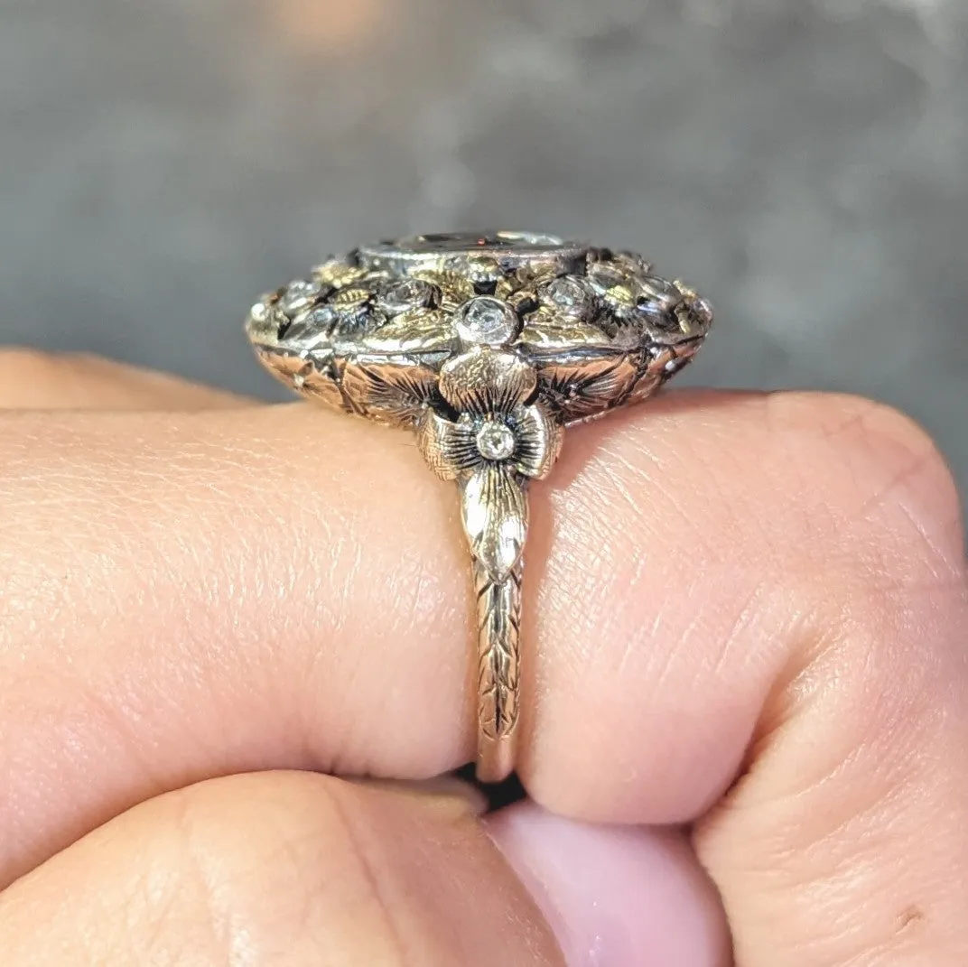 Arts & Crafts 1.26 CTW Rose Cut Diamond Silver-Topped 14 Karat Gold Floral Ring