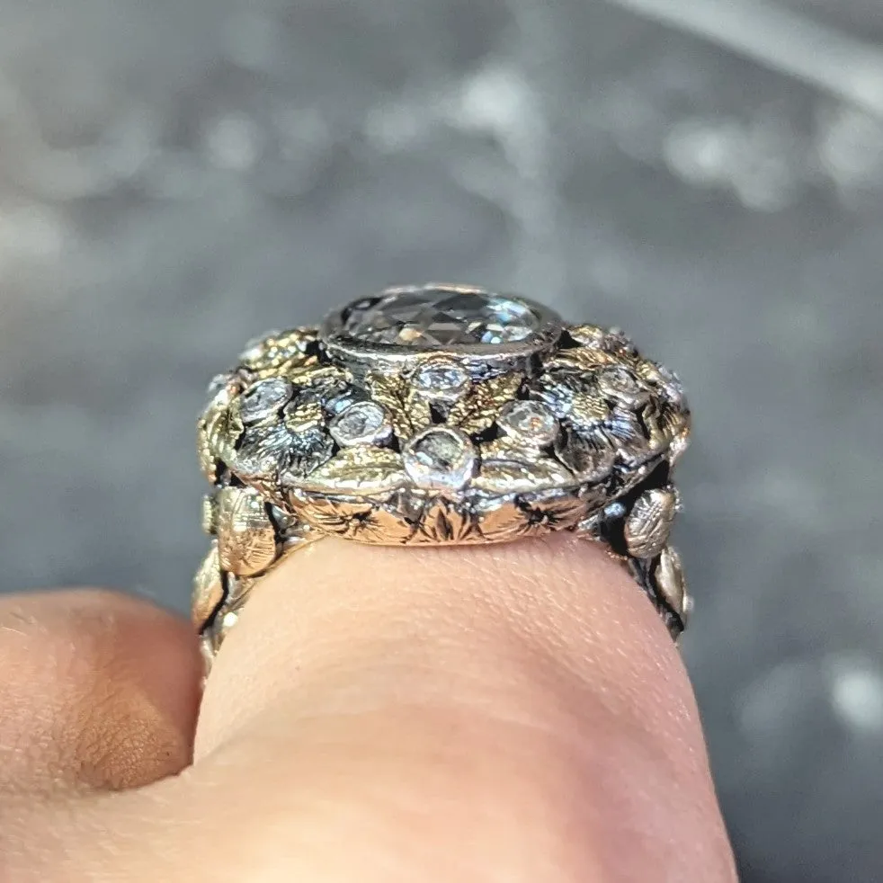 Arts & Crafts 1.26 CTW Rose Cut Diamond Silver-Topped 14 Karat Gold Floral Ring