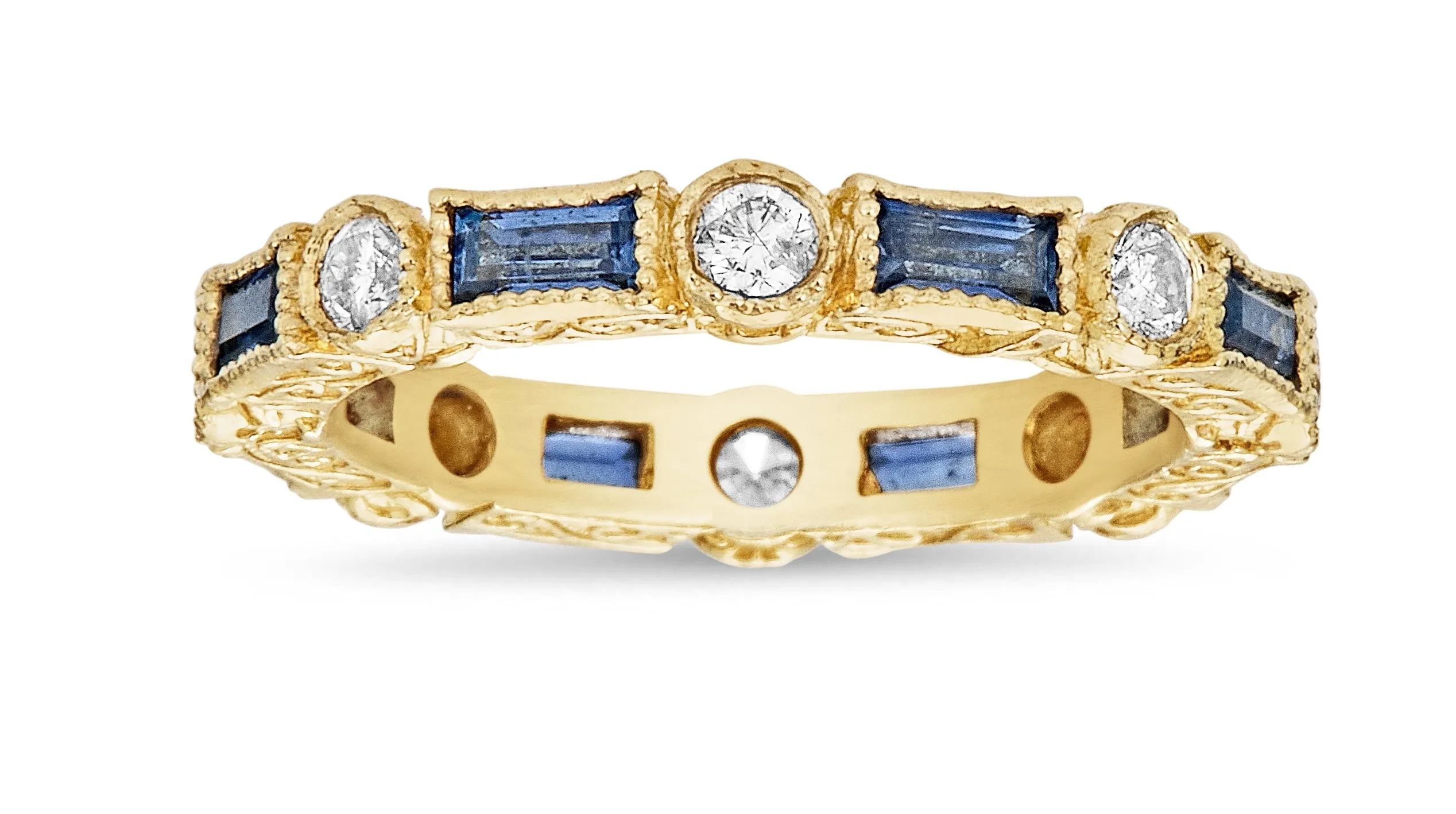 Baguette Blue Sapphire & Round Diamond Bezel Stack Ring