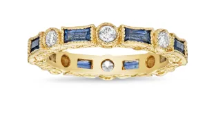 Baguette Blue Sapphire & Round Diamond Bezel Stack Ring
