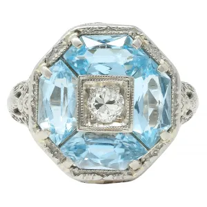 Belais Edwardian Diamond Aquamarine 14 Karat White Gold Antique Dragonfly Ring