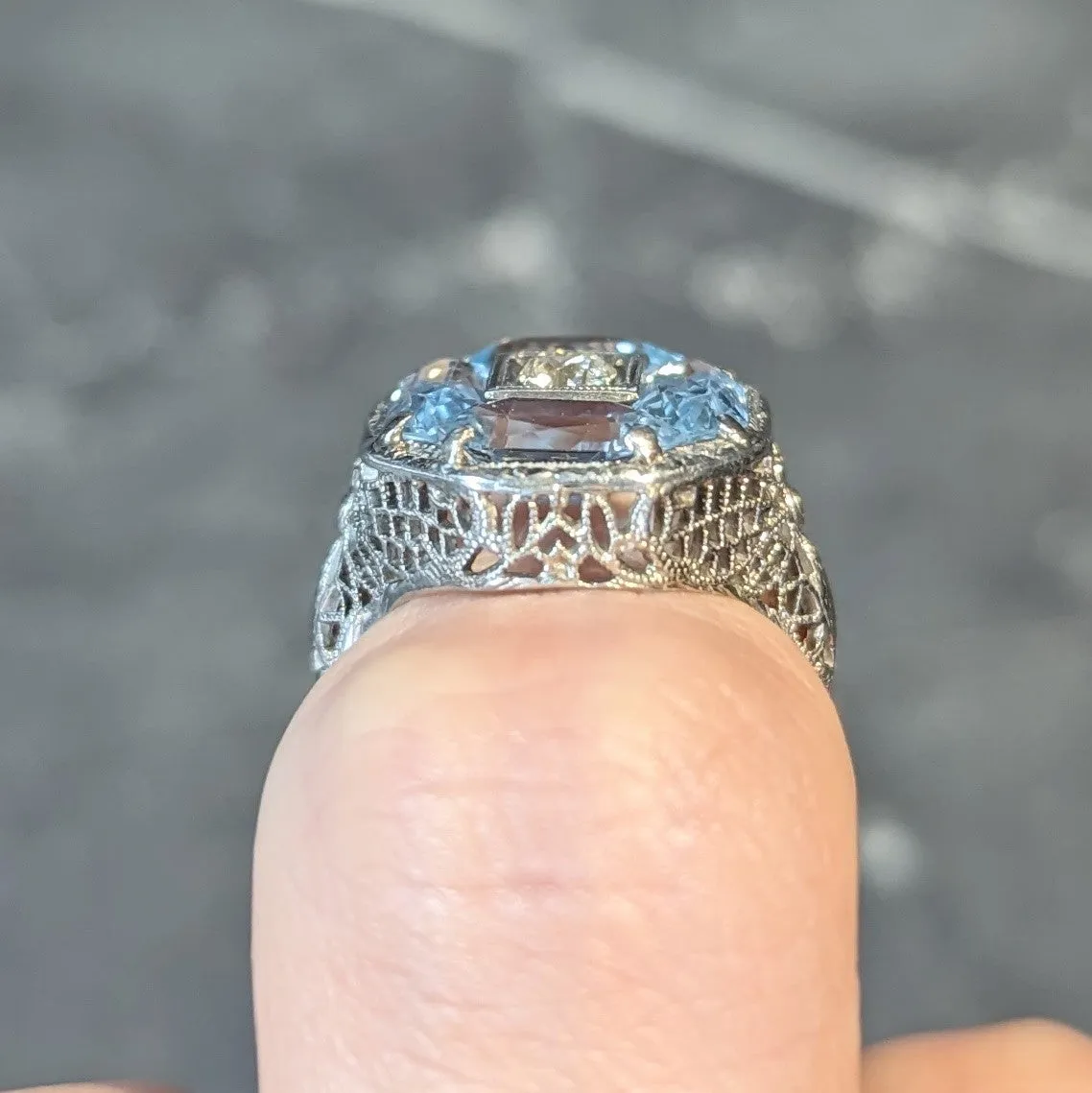 Belais Edwardian Diamond Aquamarine 14 Karat White Gold Antique Dragonfly Ring