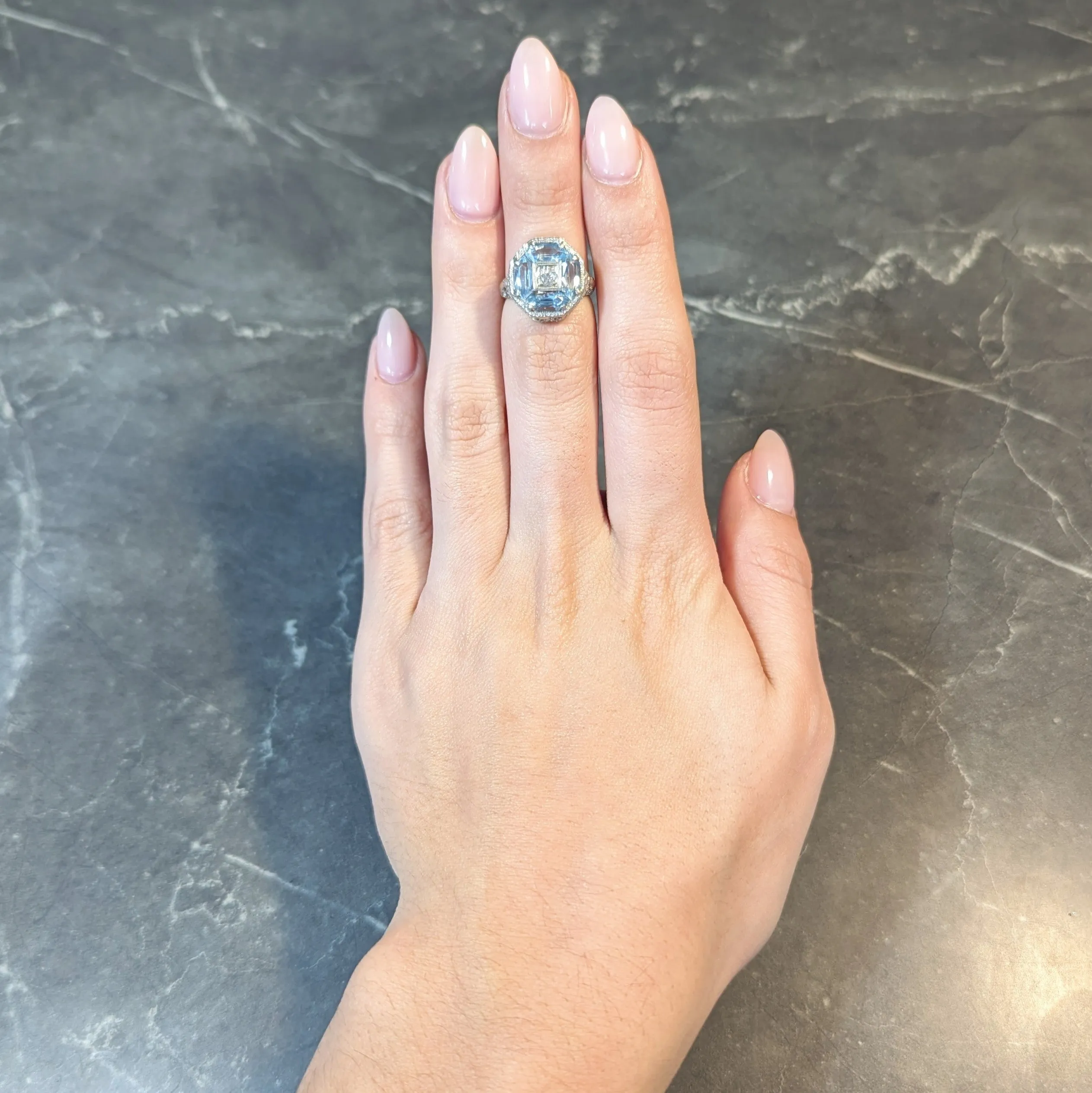 Belais Edwardian Diamond Aquamarine 14 Karat White Gold Antique Dragonfly Ring