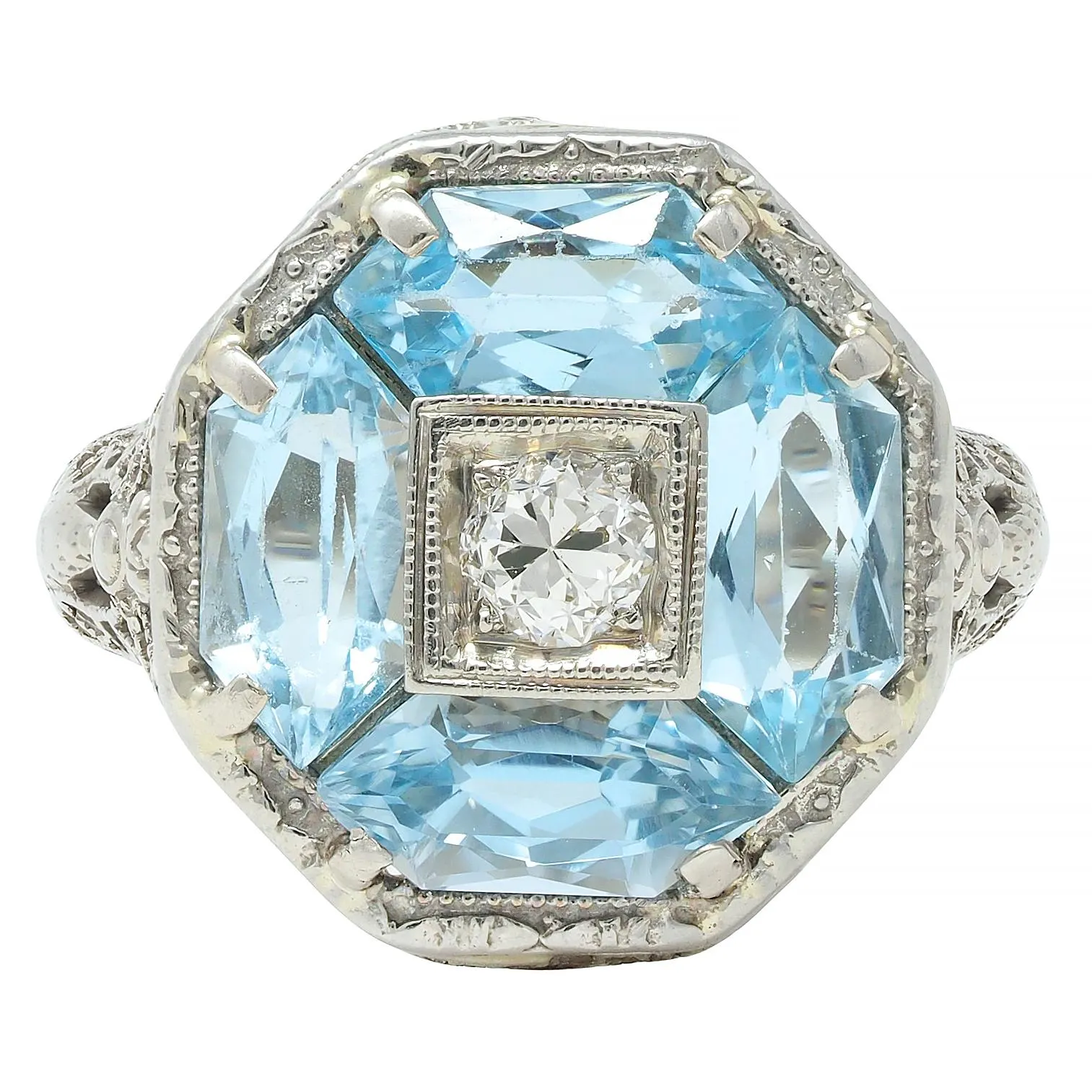 Belais Edwardian Diamond Aquamarine 14 Karat White Gold Antique Dragonfly Ring