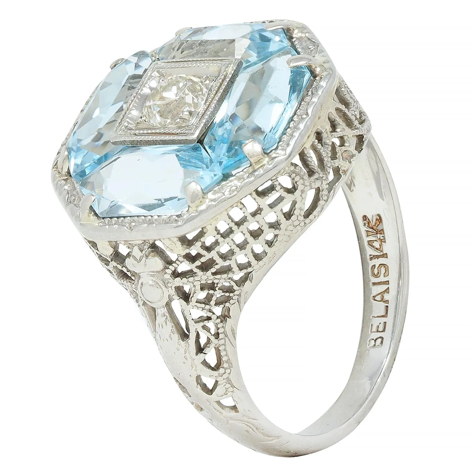 Belais Edwardian Diamond Aquamarine 14 Karat White Gold Antique Dragonfly Ring