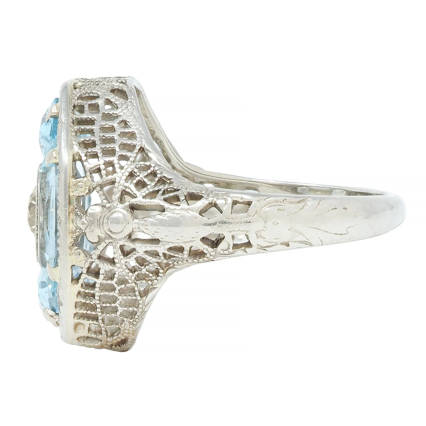 Belais Edwardian Diamond Aquamarine 14 Karat White Gold Antique Dragonfly Ring