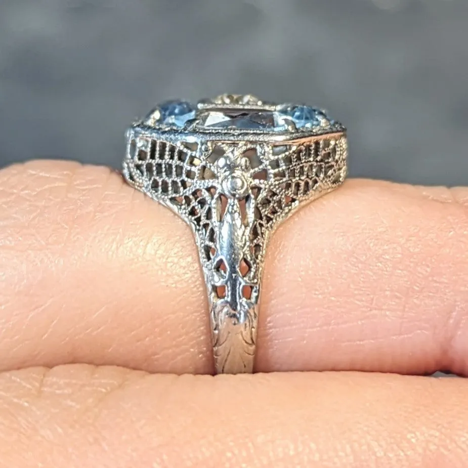 Belais Edwardian Diamond Aquamarine 14 Karat White Gold Antique Dragonfly Ring