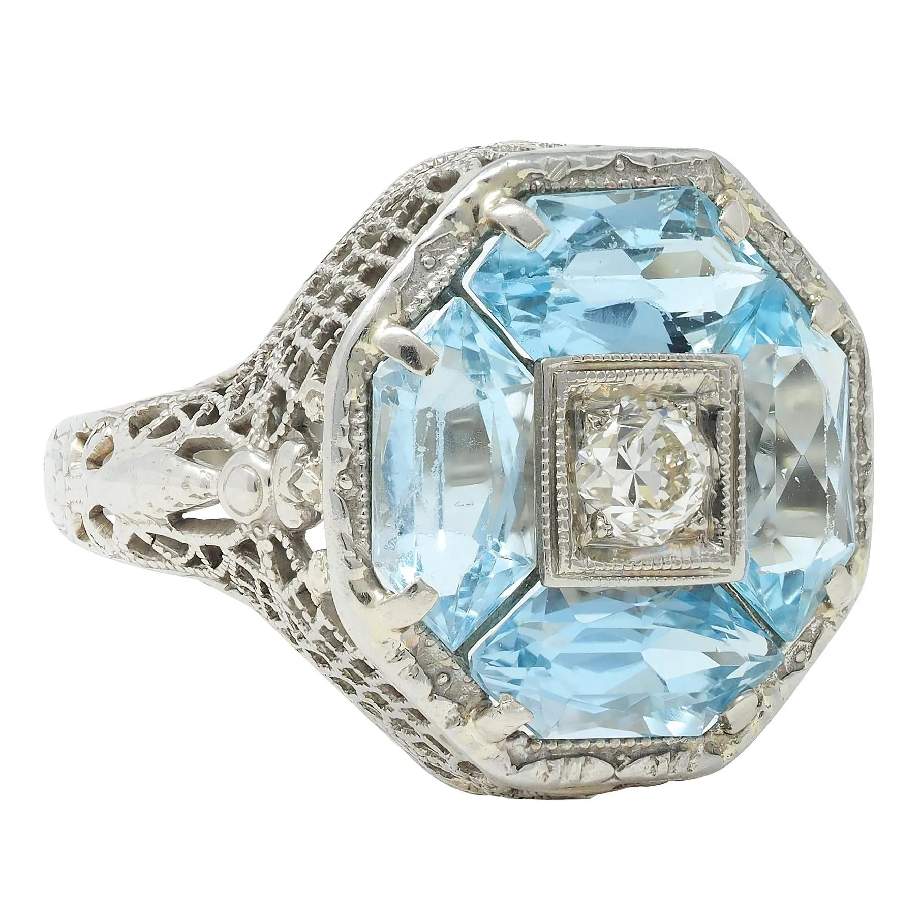 Belais Edwardian Diamond Aquamarine 14 Karat White Gold Antique Dragonfly Ring