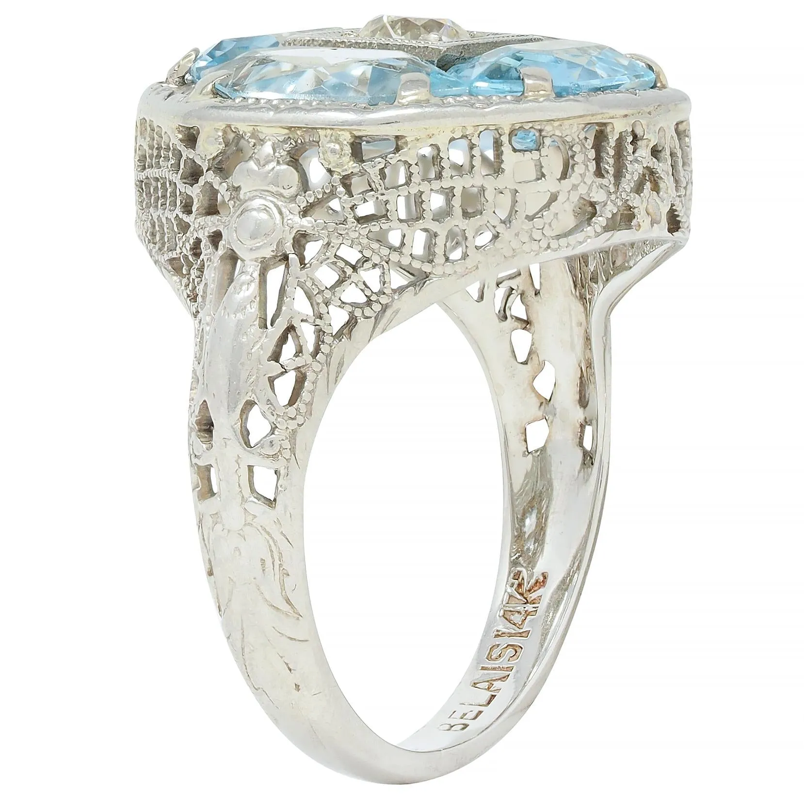 Belais Edwardian Diamond Aquamarine 14 Karat White Gold Antique Dragonfly Ring