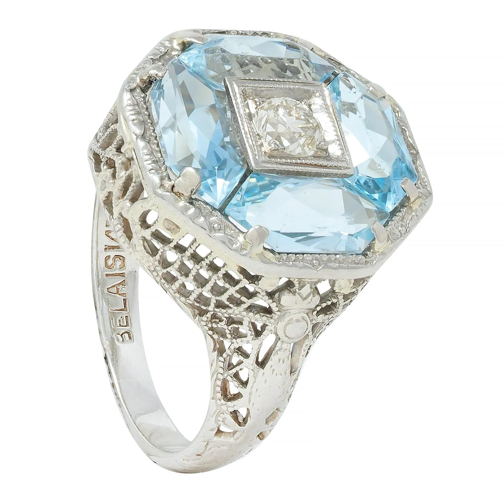Belais Edwardian Diamond Aquamarine 14 Karat White Gold Antique Dragonfly Ring