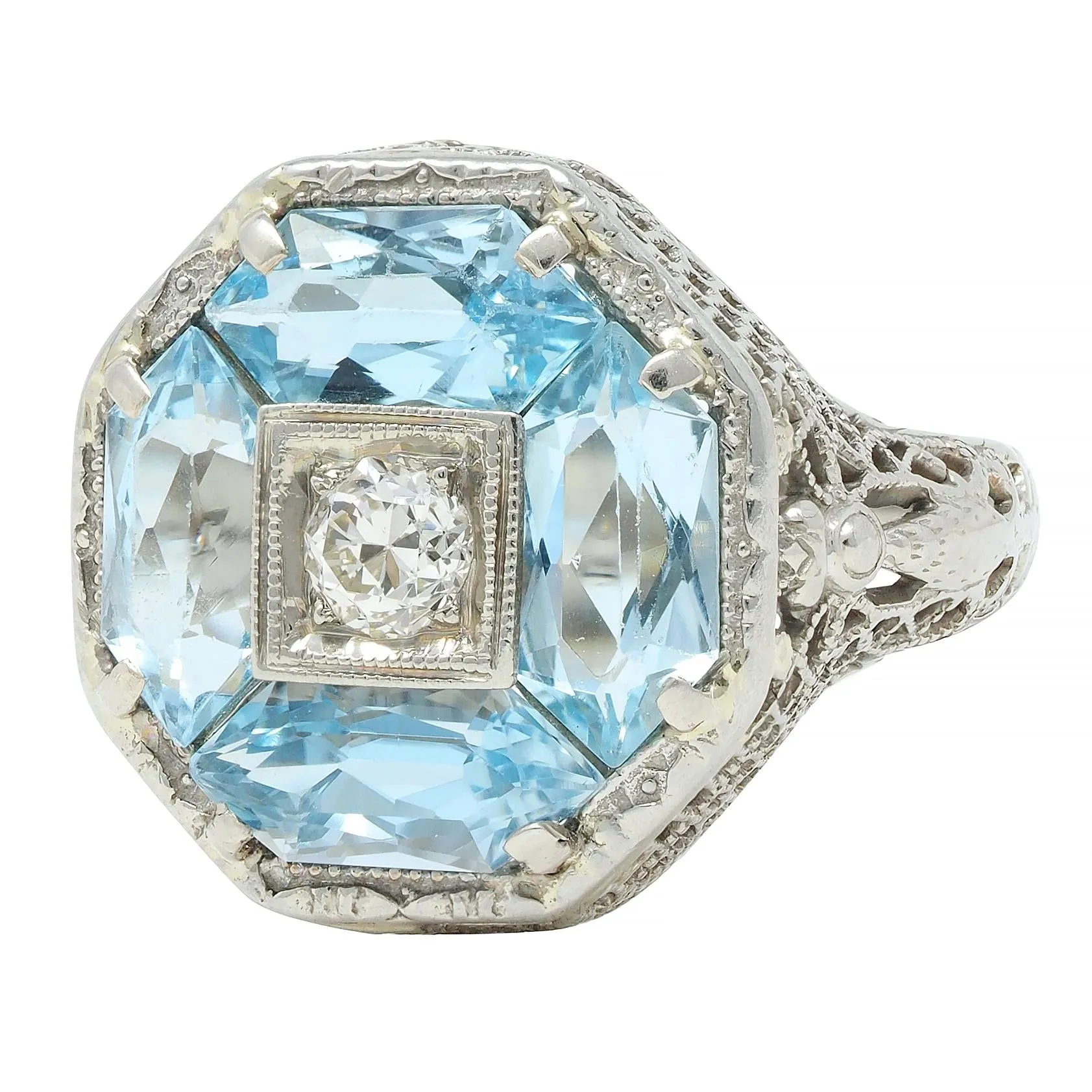 Belais Edwardian Diamond Aquamarine 14 Karat White Gold Antique Dragonfly Ring