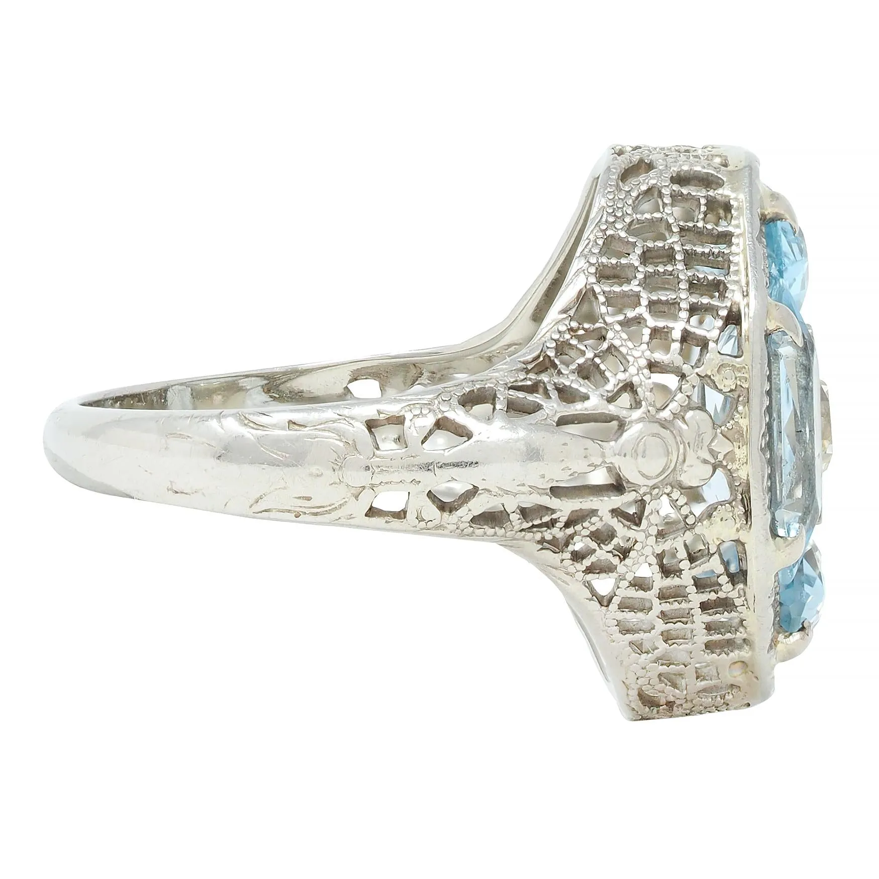 Belais Edwardian Diamond Aquamarine 14 Karat White Gold Antique Dragonfly Ring