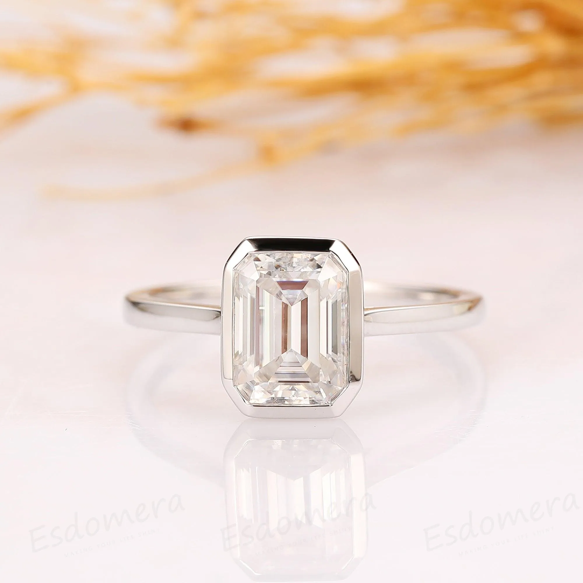 Bezel Set 2CT Emerald Cut Lab Grown Diamond Engagement Ring