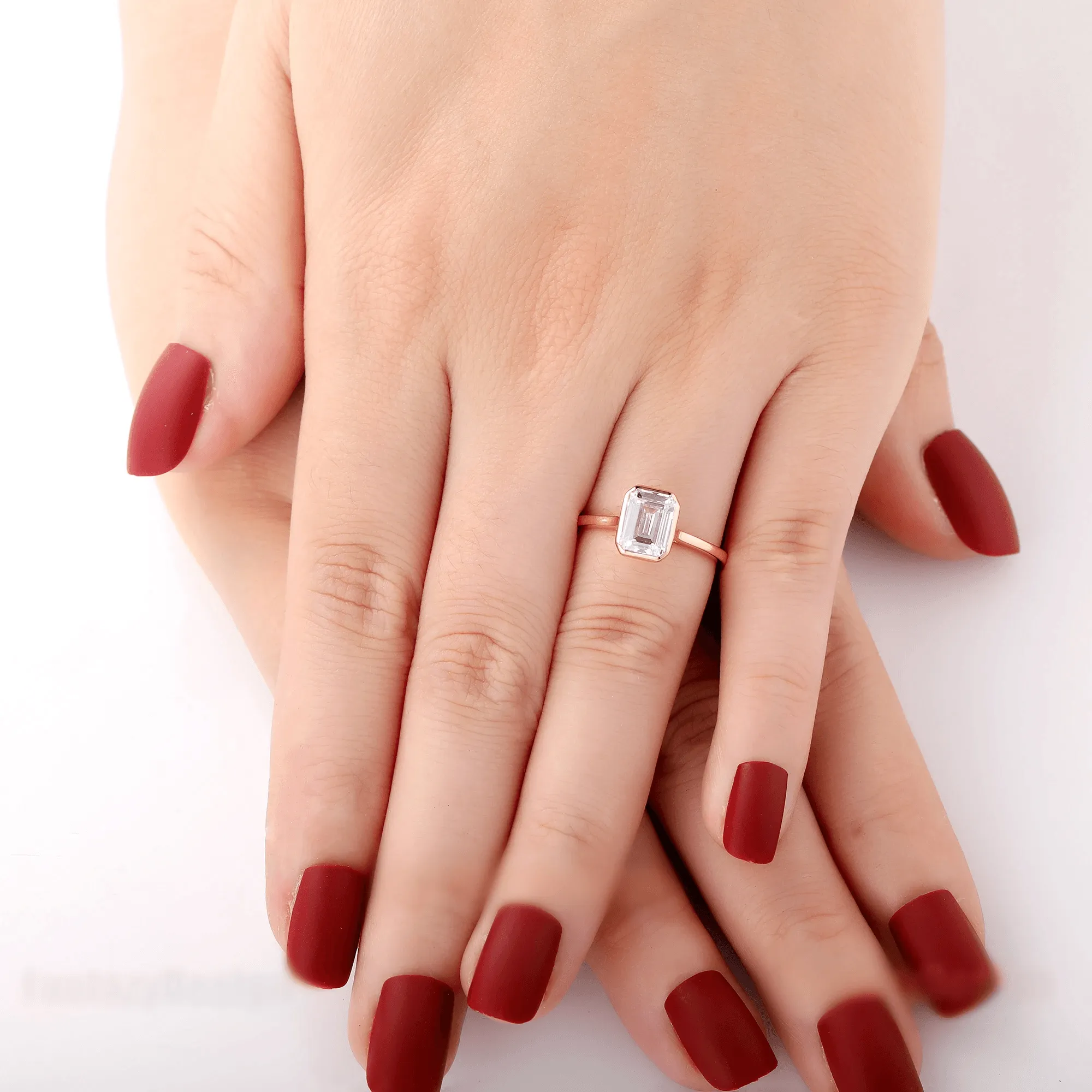 Bezel Set 2CT Emerald Cut Lab Grown Diamond Engagement Ring