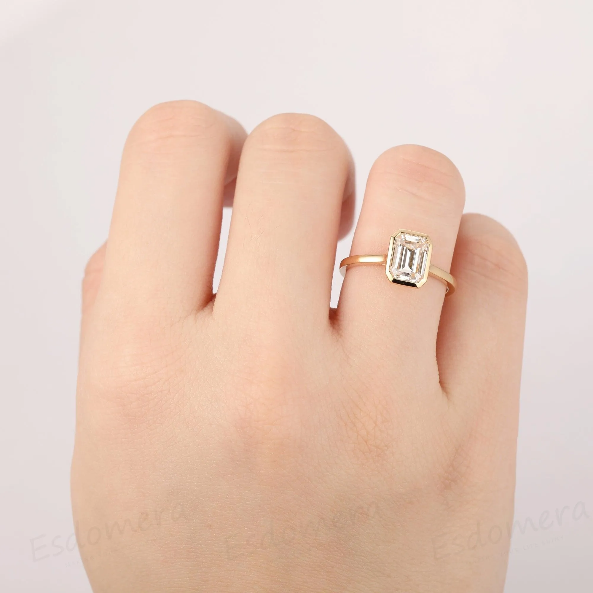 Bezel Set 2CT Emerald Cut Lab Grown Diamond Engagement Ring