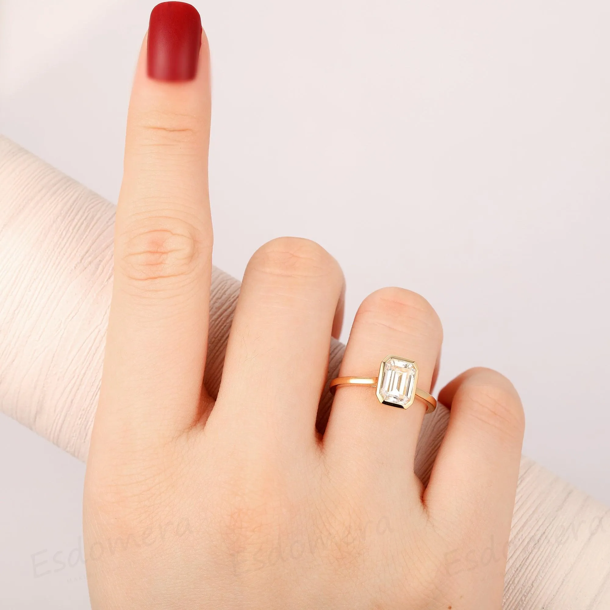 Bezel Set 2CT Emerald Cut Lab Grown Diamond Engagement Ring