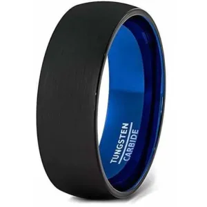 Black & Blue Brushed Center Domed Tungsten Carbide Ring For Him -6mm & 8mm