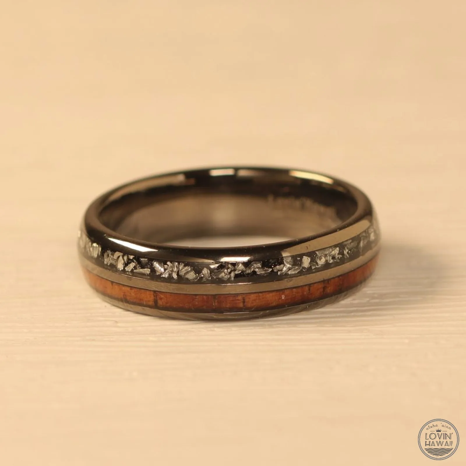 Black Meteorite Ring With Koa Wood Inlay (6mm Width, Comfort Fit)