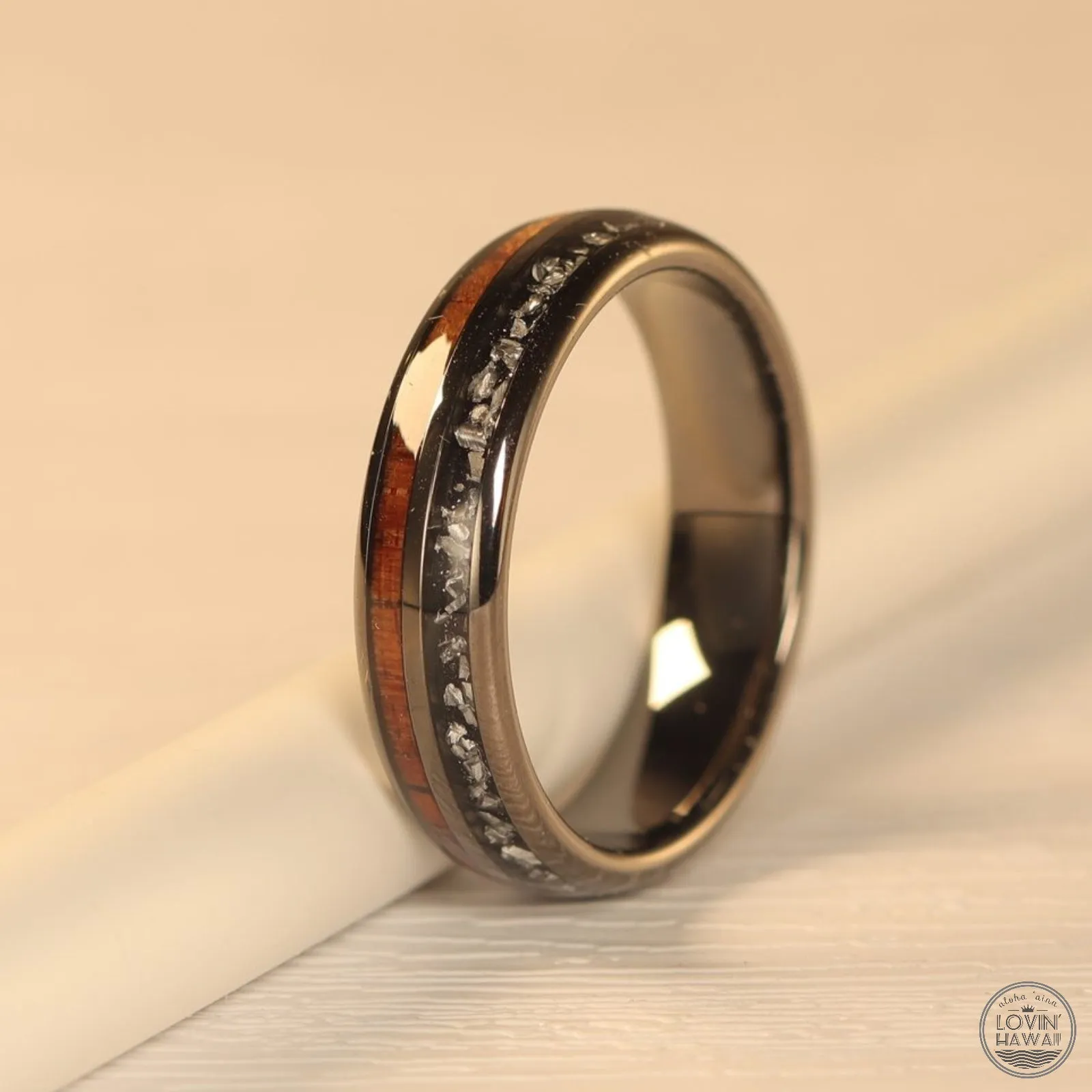 Black Meteorite Ring With Koa Wood Inlay (6mm Width, Comfort Fit)