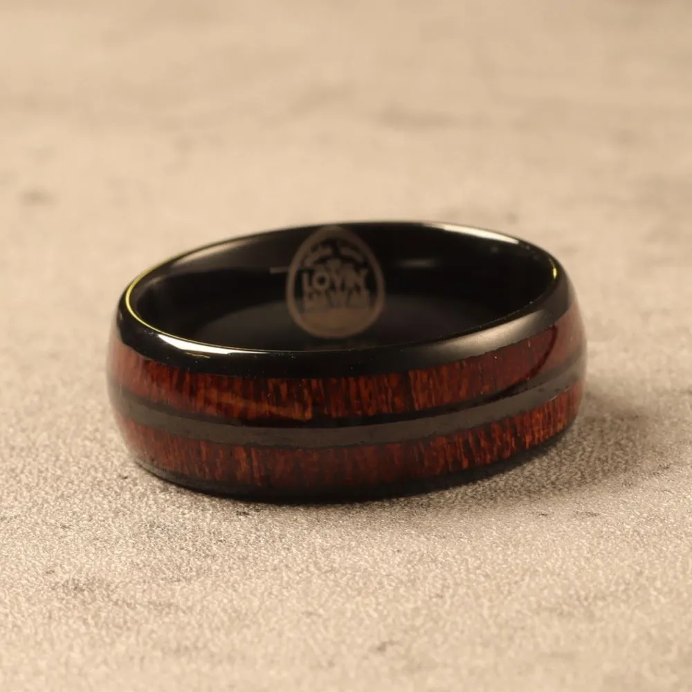 Black Tungsten Carbide Ring with Duo Koa Wood Inlay (8mm Width)