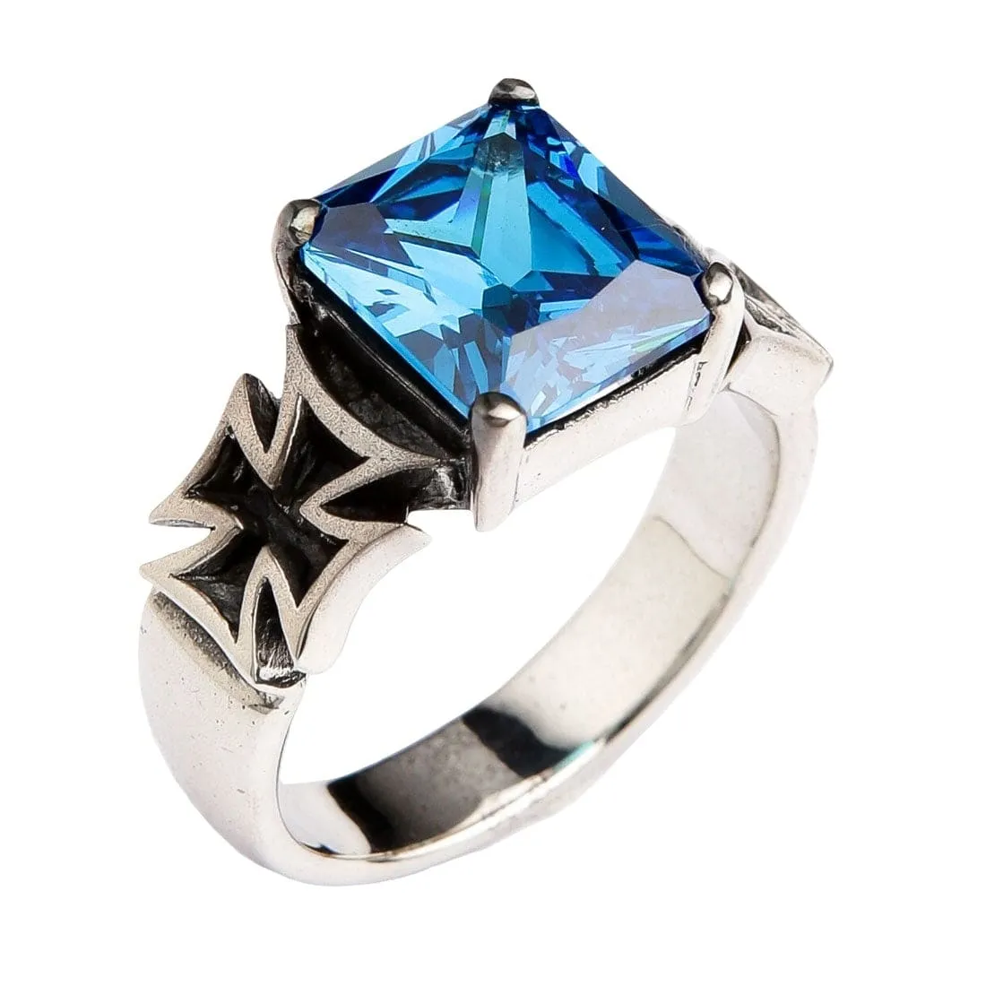 Blue Sapphire Iron Cross Sterling Silver Ring