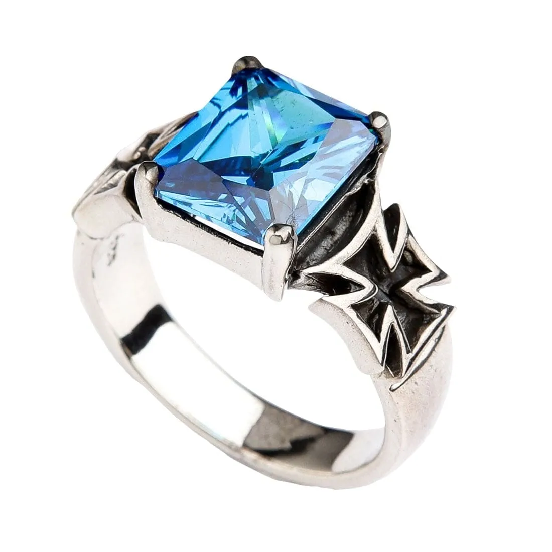 Blue Sapphire Iron Cross Sterling Silver Ring