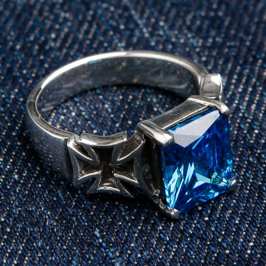 Blue Sapphire Iron Cross Sterling Silver Ring
