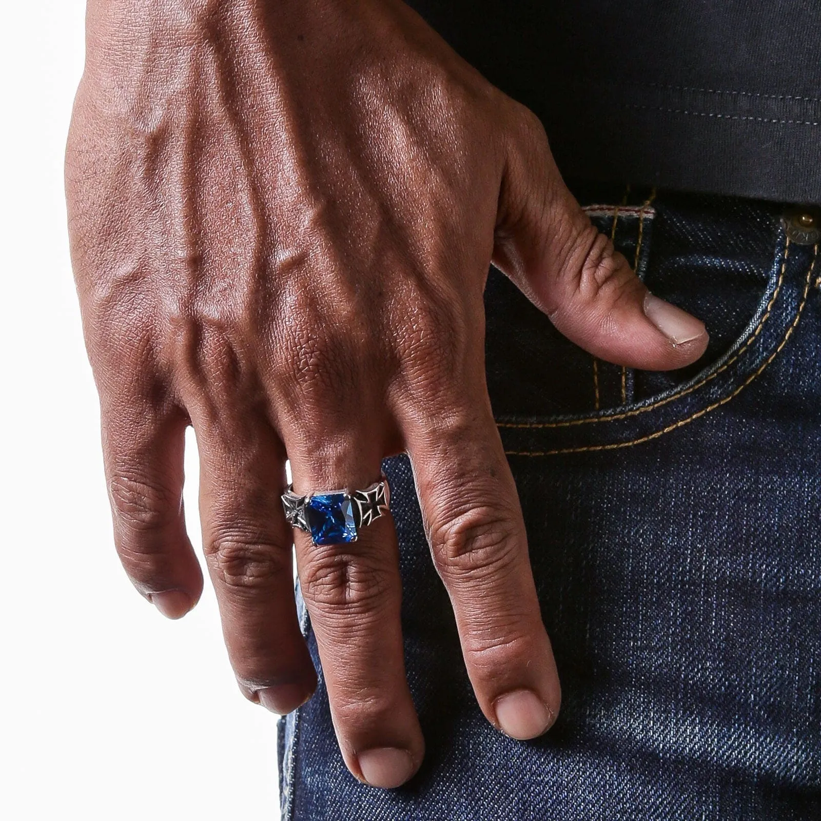Blue Sapphire Iron Cross Sterling Silver Ring