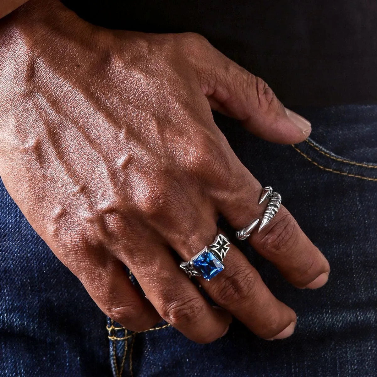 Blue Sapphire Iron Cross Sterling Silver Ring
