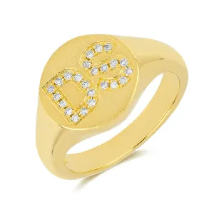 Brushed Gold and Diamond Initial Signet Ring