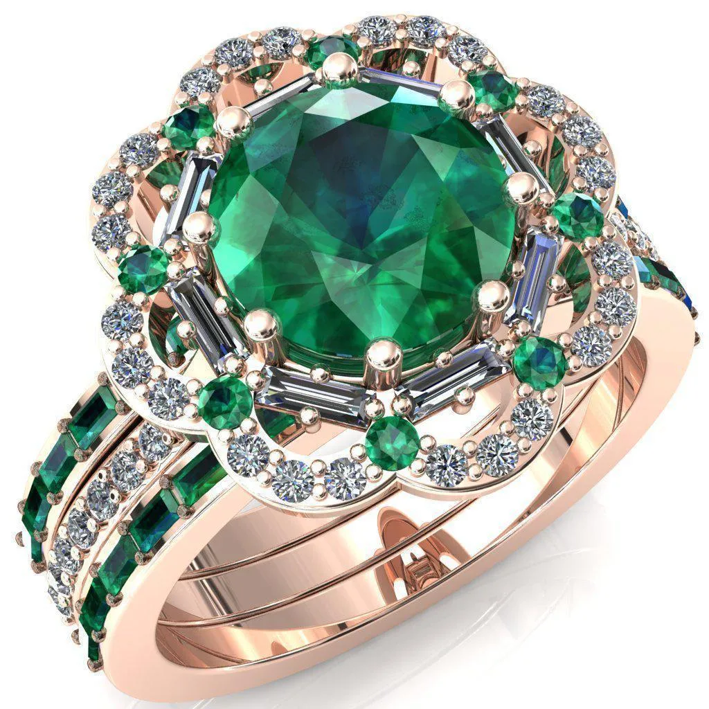 Camelia Round Emerald Accent Diamond and Emerald Halo Ring