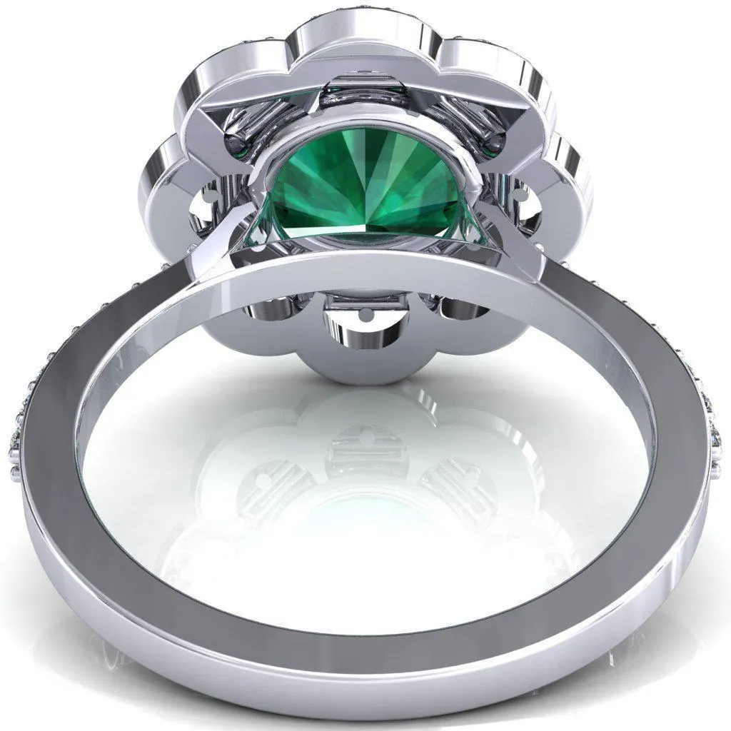 Camelia Round Emerald Accent Diamond and Emerald Halo Ring