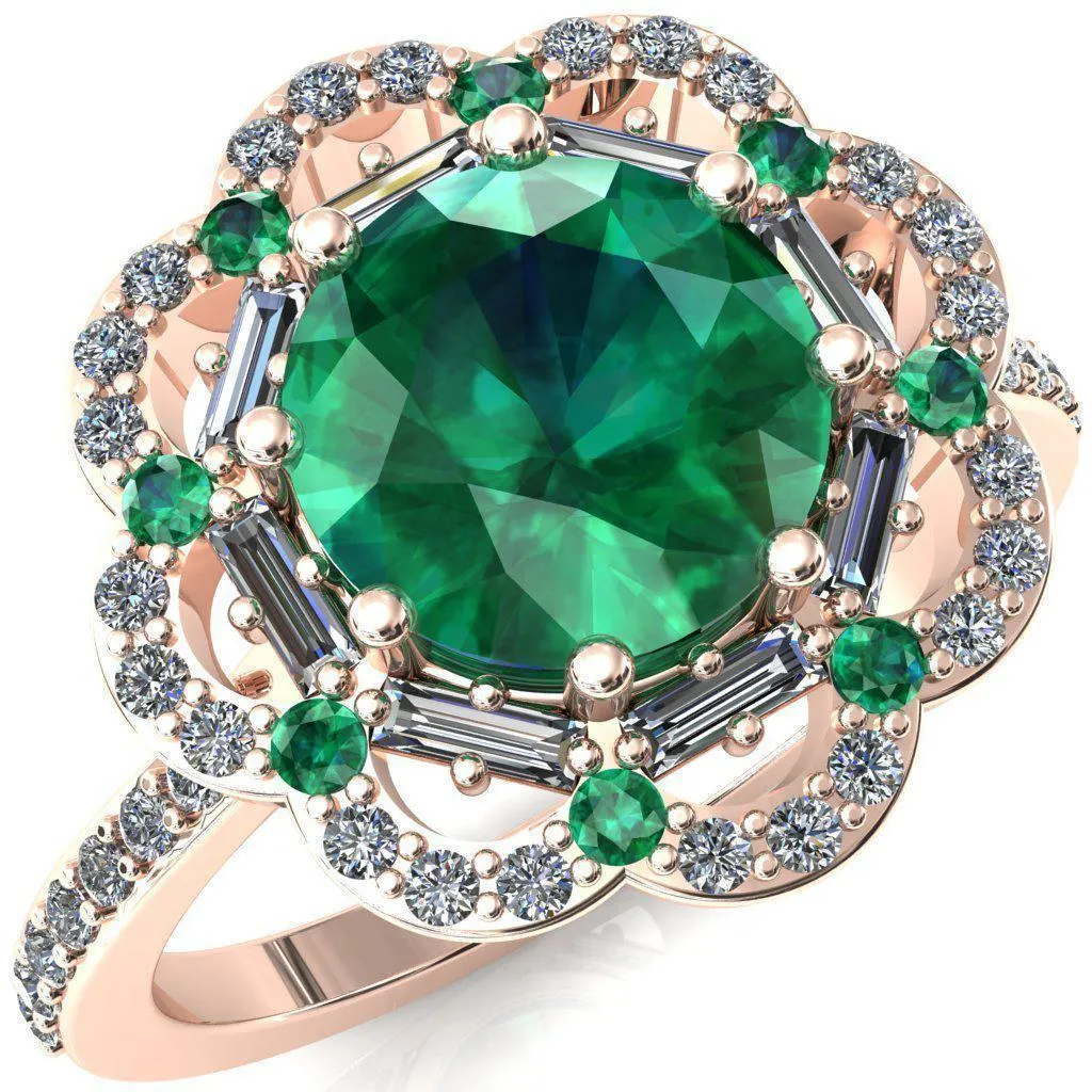 Camelia Round Emerald Accent Diamond and Emerald Halo Ring